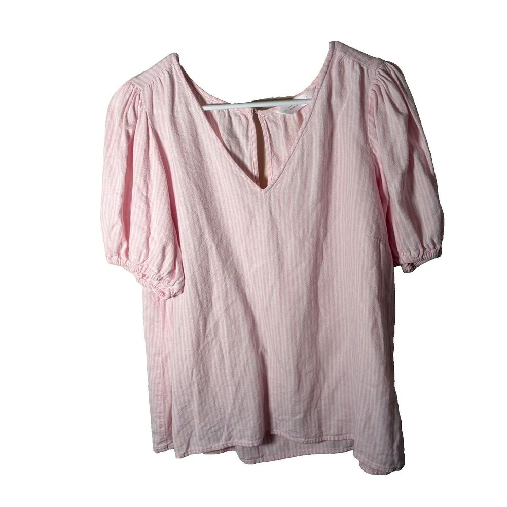LC Lauren Conrad Blouse Women's Large Pink V-Neck Puff Sleeve Linen Blend
